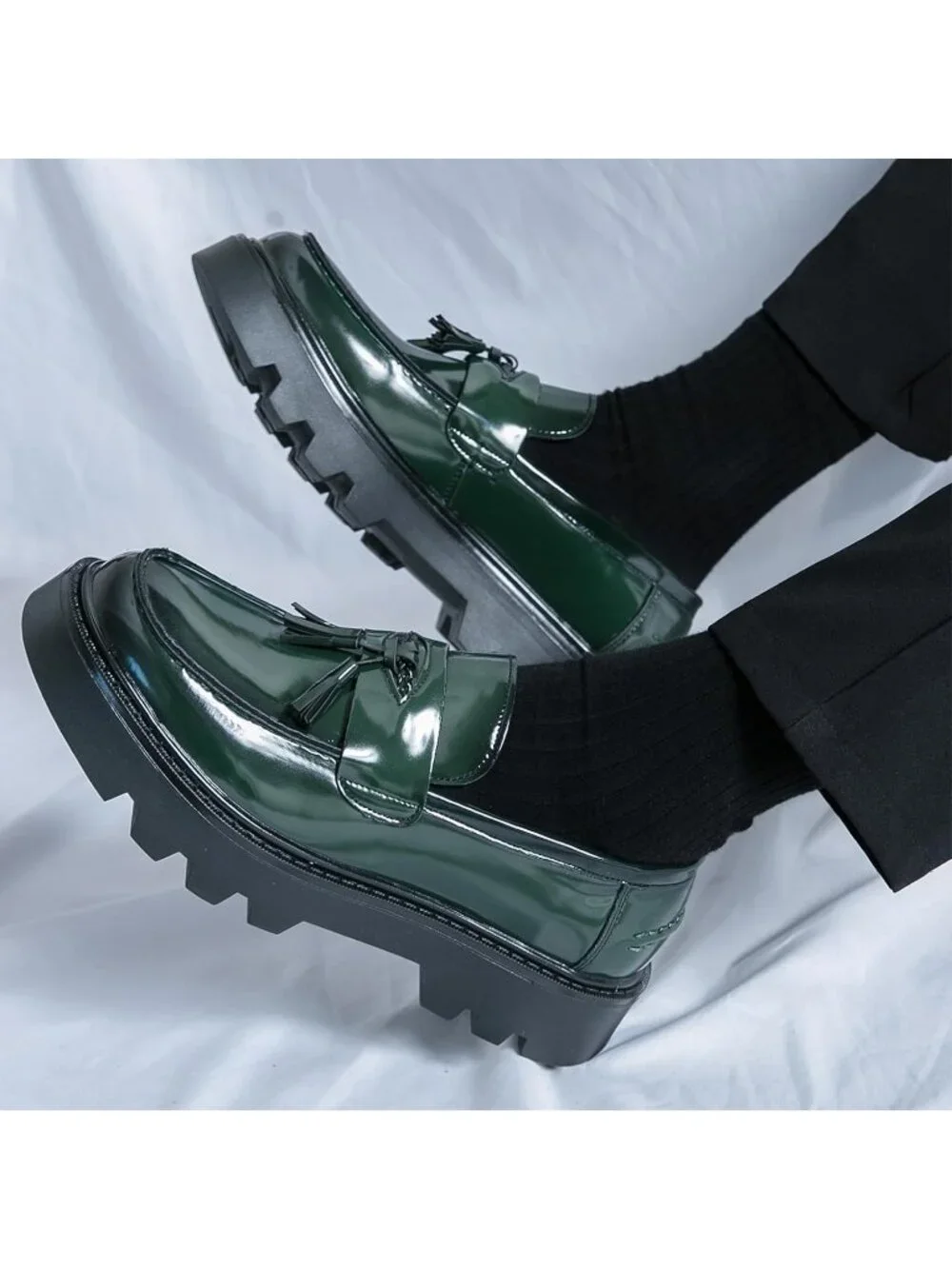 Men's Green Patent Leather Loafers Chunky Heel Tassel Slip On Dress Shoes